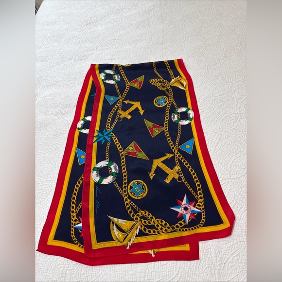 VTG 1970s Anne Klein Pure Silk Nautical Scarf 56”-15” Hand Rolled Hem - Picture 1 of 7
